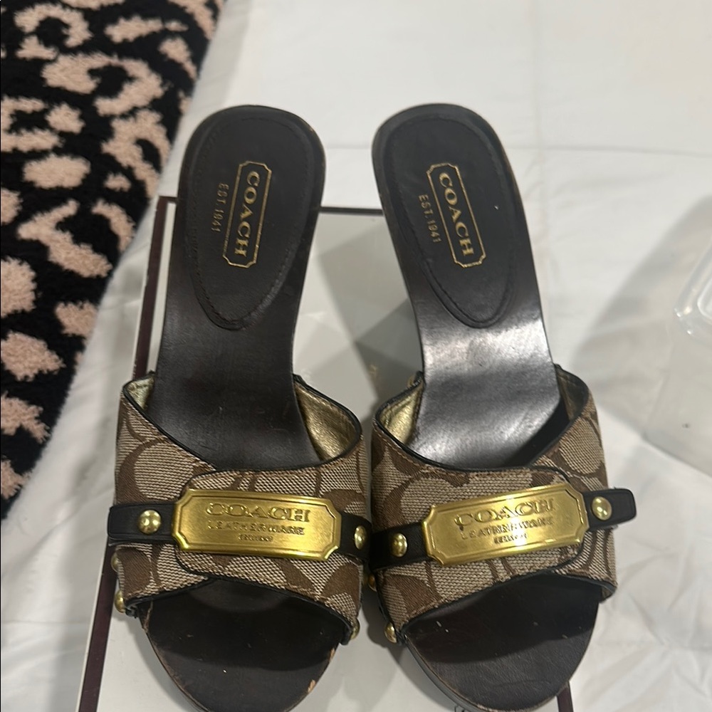 Coach Women's Black and Tan Mules with Gold Accents - Picture 2 of 7
